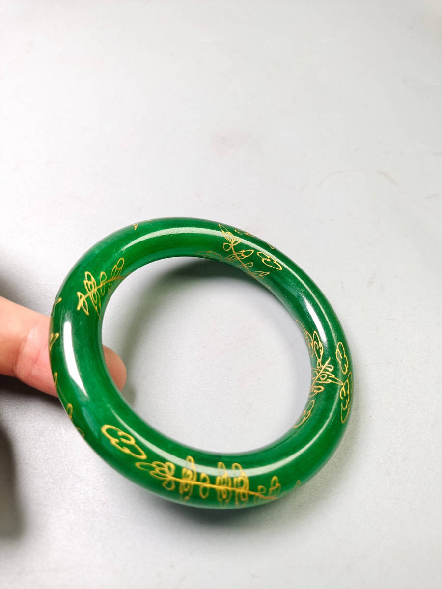▽鴻▽ 翡翠製 細密彫 冰種 滿綠 描金 竹報平安 腕輪 置物 古賞物 中国
