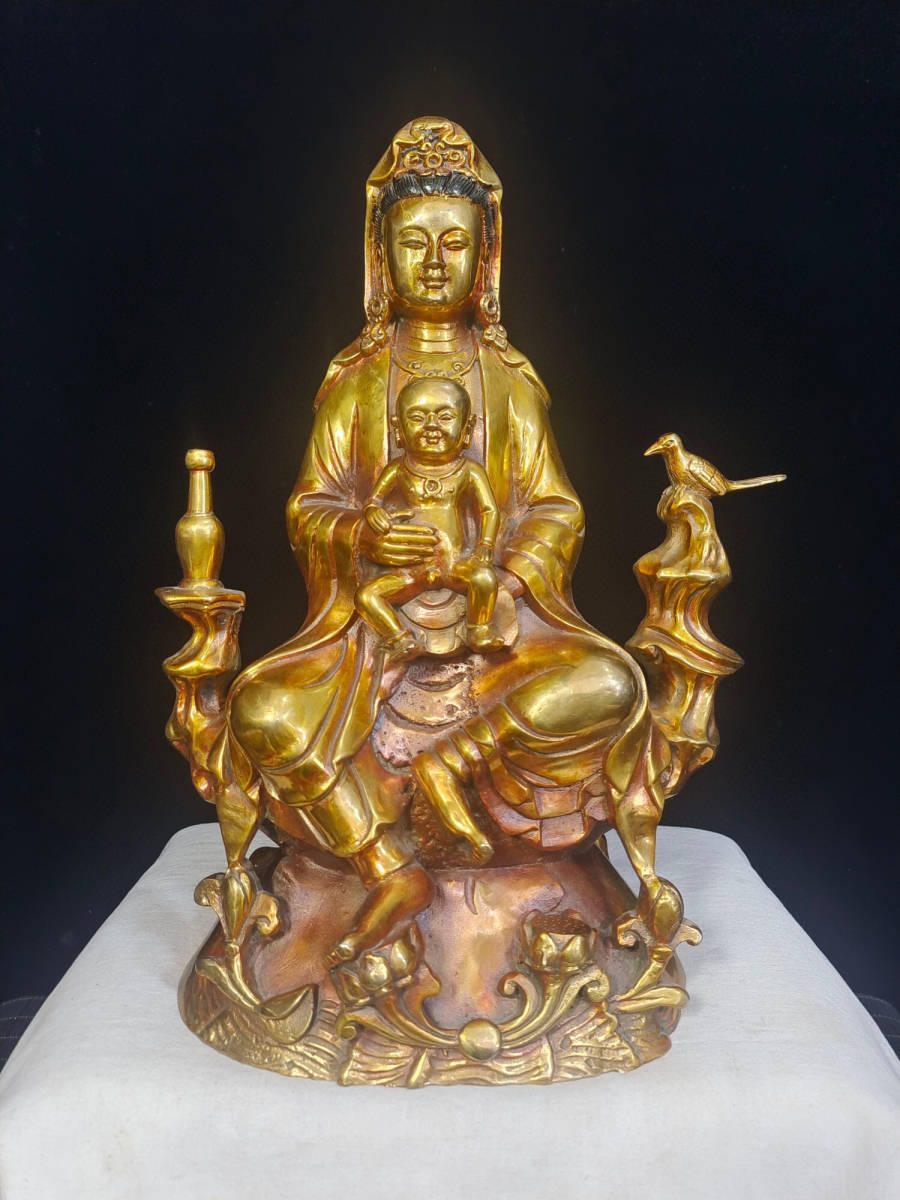 ▽鴻▽ 銅製 塗金 送子觀音像 置物 古賞物 中国古玩 中国古美術