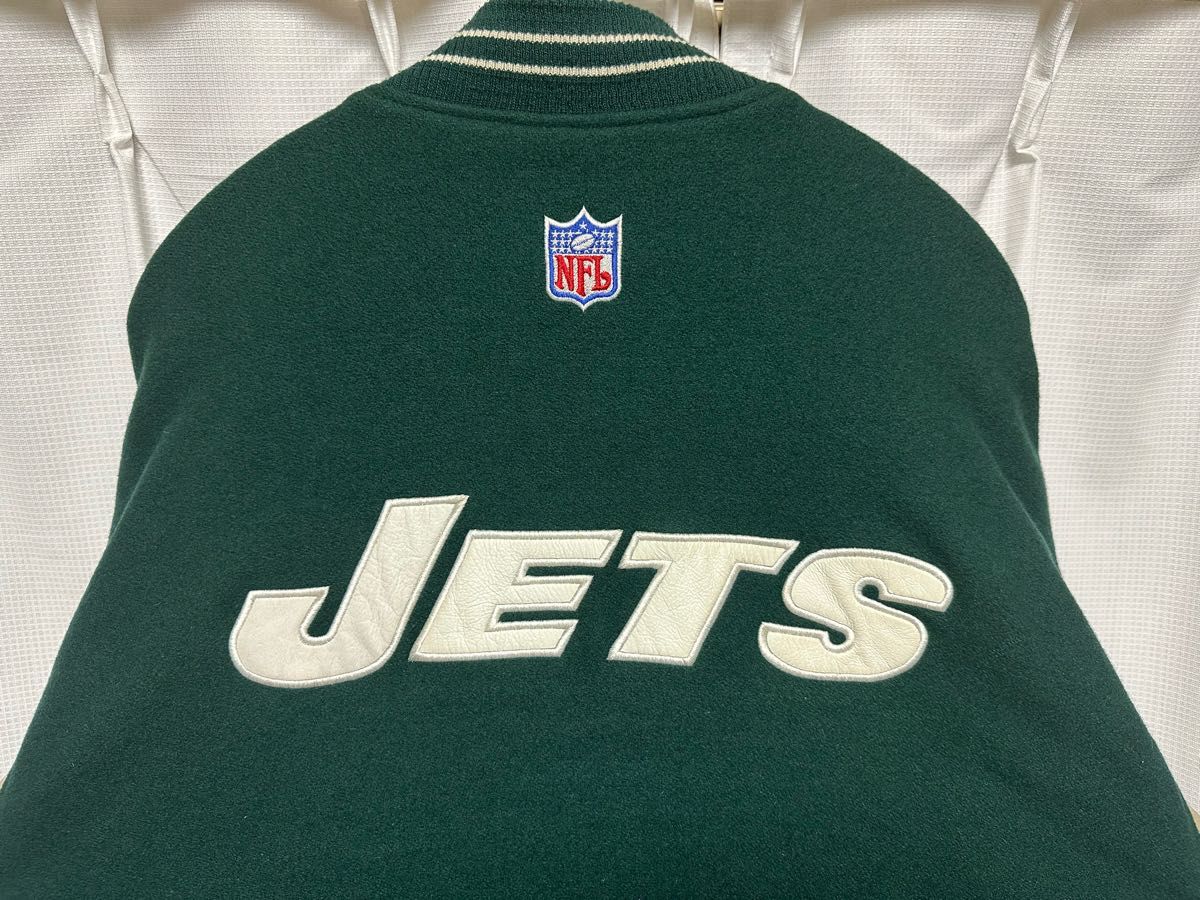 激レア ビッグサイズ 90s NIKE ナイキ JETS スタジャン 2XL レザー ニューヨーク ジェッツ 古着 ウール 革