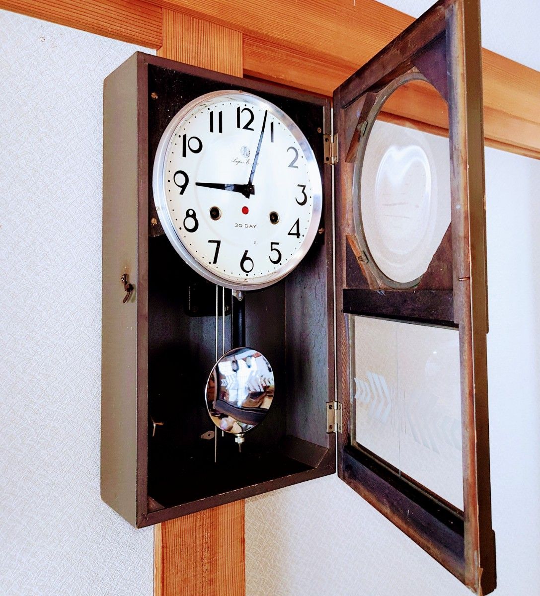 〈完動品〉愛知時計　30日巻き箱型ゼンマイ振り子時計　昭和レトロ　ボンボン時計古時計