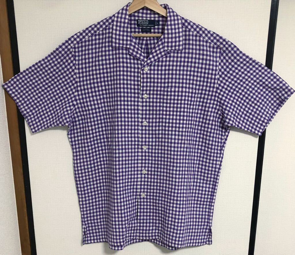 激レアカラー!! パープル ギンガムチェック リネン100% 90s ポロ ラルフローレン オープンカラー 開襟 シャツ L caldwell clayton POLO RRL_画像2