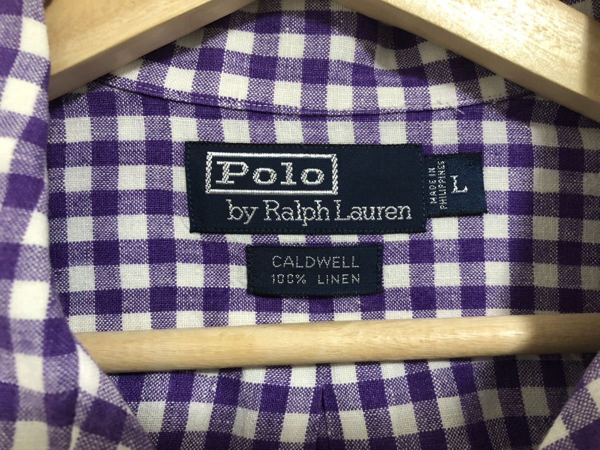 激レアカラー!! パープル ギンガムチェック リネン100% 90s ポロ ラルフローレン オープンカラー 開襟 シャツ L caldwell clayton POLO RRL_画像4