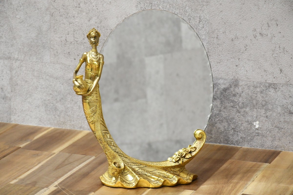 PB3FS62a 美品 置き型ミラー オブジェ 姿見 鏡 オーバル型 ゴールド インテリア 置物 女性 オーナメント 飾り エレガント _画像2