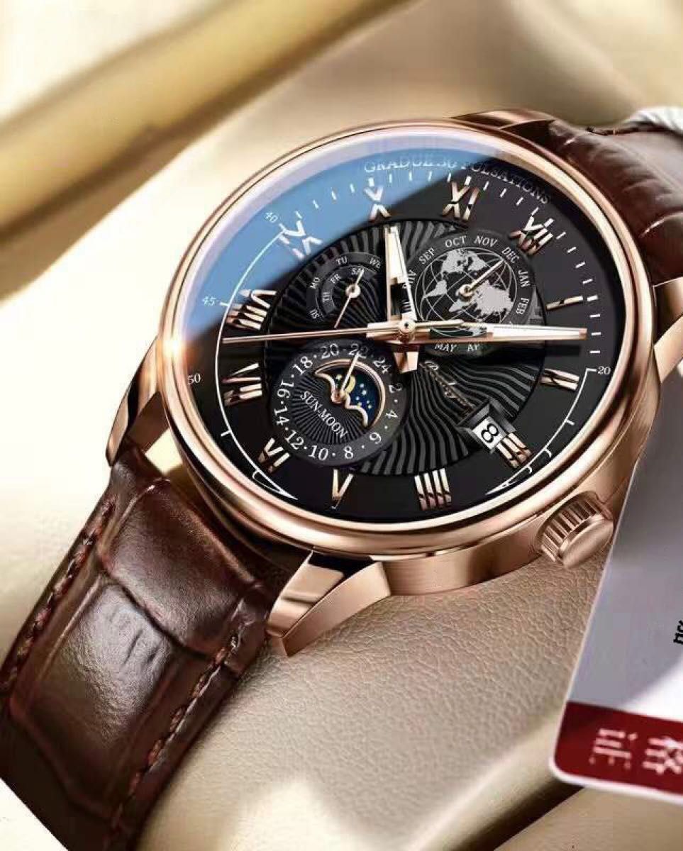 腕時計 メンズウォッチ　メンズ腕時計 クォーツ　時計 本革ベルト　黒文字盤 クロノグラフ 腕時計メンズ 高品質