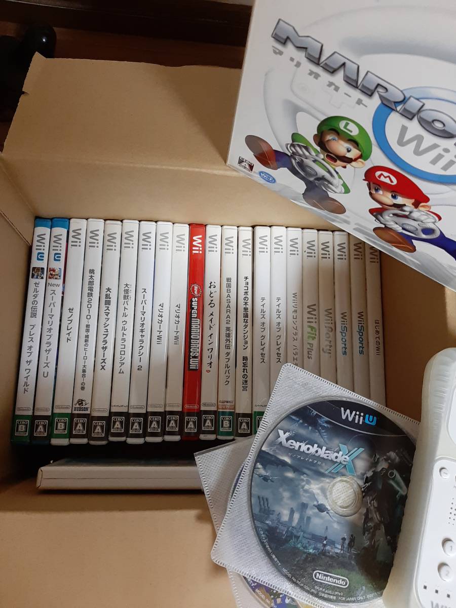 Wii＆WiiUジャンク31本(ディスクのみ有)+リモコン＆ハンドル等セット　ゼルダの伝説ブレスオブワイルド、ゼノブレイドクロス