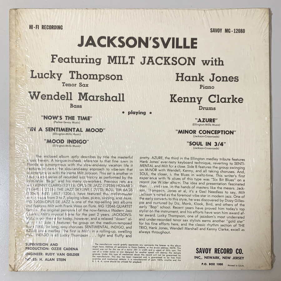 シュリンク　JACKSON'S-VILLE　Featuring Milt Jackson with　SAVOY MG-12080 US盤　手書きRVG刻印(片面)_画像2