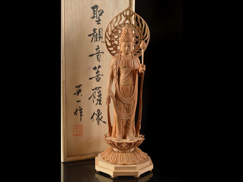 雲】某廃寺買取品 仏師 英一 木彫 細密彫刻 聖観音菩薩像 共箱 古美術