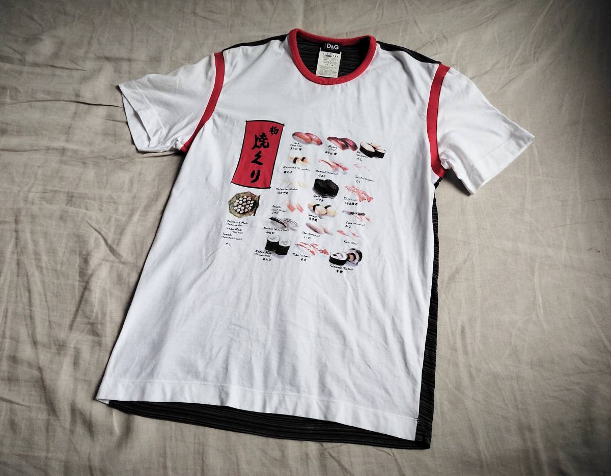 レア D&G ドルチェ＆ガッバーナ DOLCE&GABBANA Tシャツ sushi 寿司 プリント 後身頃切替 ボーダー 白 マルチ L イタリア製 ★8