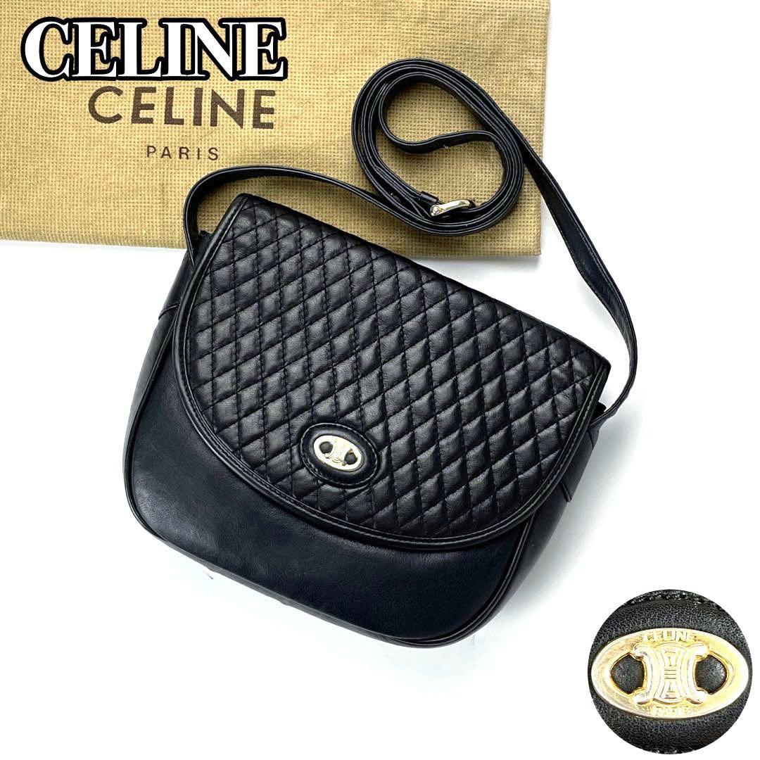 【極美品】CELINE セリーヌ ショルダーバッグ ポシェット キルティング トリオンフ マカダム ブラゾン ゴールド金具 フォーマル レザー 黒