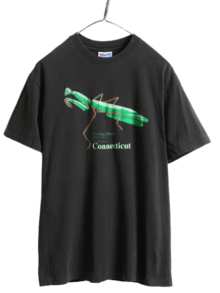 90s USA製 ■ カマキリ イラスト 発泡 プリント 半袖 Tシャツ メンズ M 90年代 オールド スーベニア アート アニマル シングルステッチ 黒