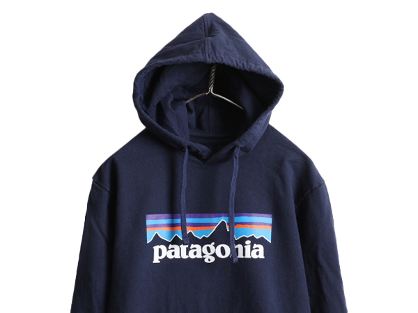 19年製 ■ パタゴニア プリント スウェット フード パーカー メンズ S / Patagonia トレーナー プルオーバー フィッツロイ 裏起毛 ネイビー_画像2