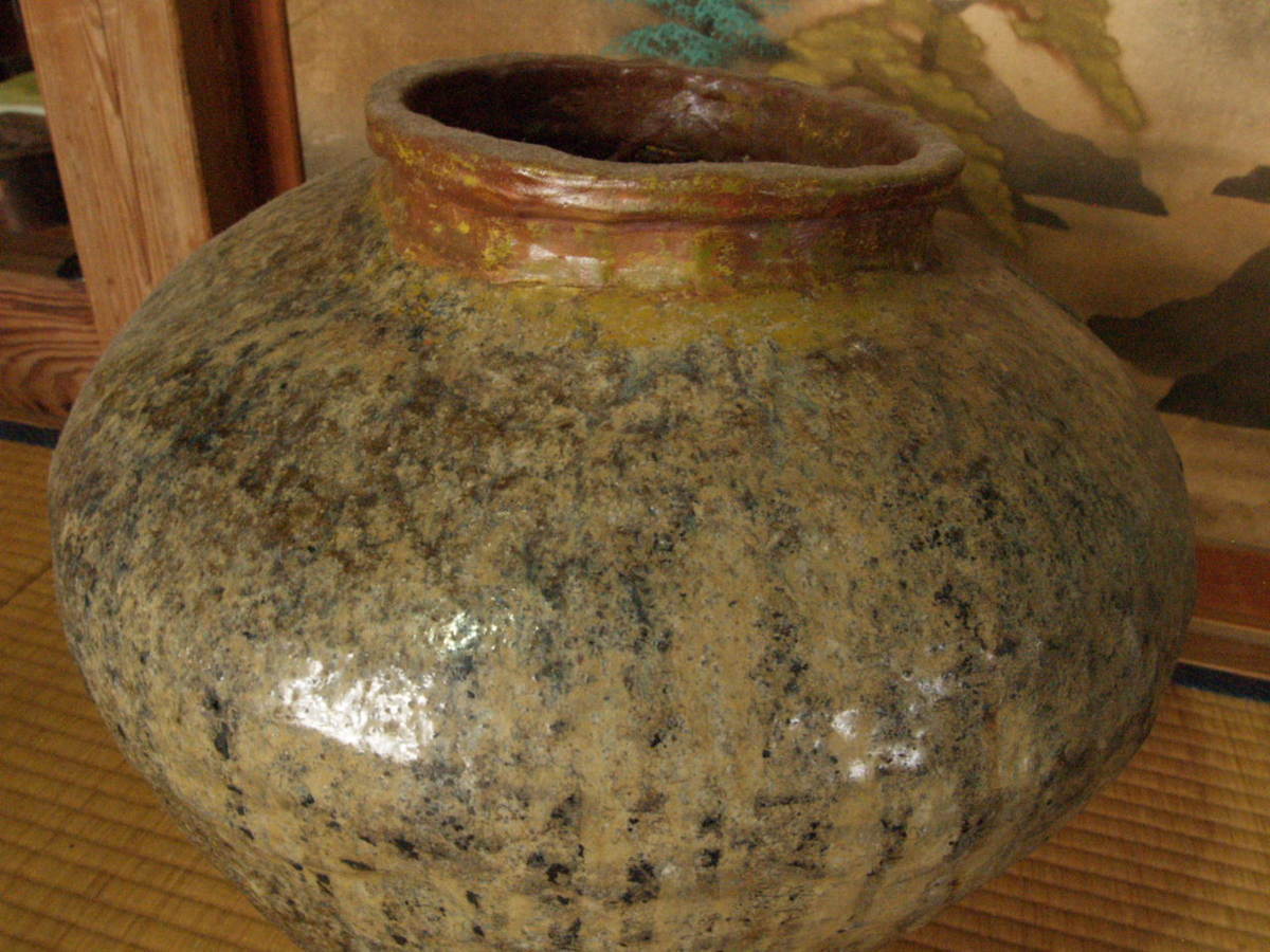 希少名品鎌倉室町時代越前焼大壺39cm 石はぜ侘寂焼締自然釉経塚壺日本