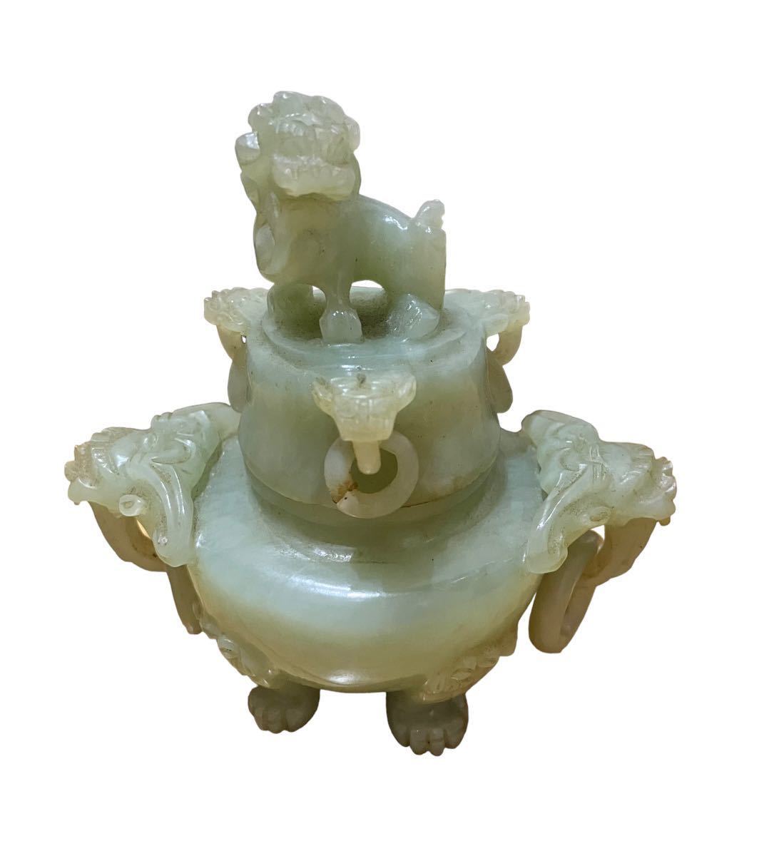 中国 玉石 獅子 遊環 香炉-