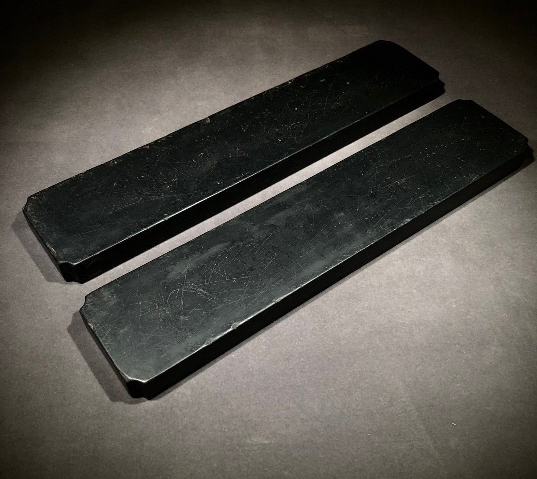 安】清時代呉魯銘金星歙石彫漢詩紋鎮紙一対文鎮書道具文房具極細工中国