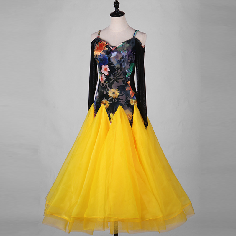 女性試合社交ダンスワンピース　可愛い花柄ドレス　黒＋黄色　サイズS　M　L　XL　XXL