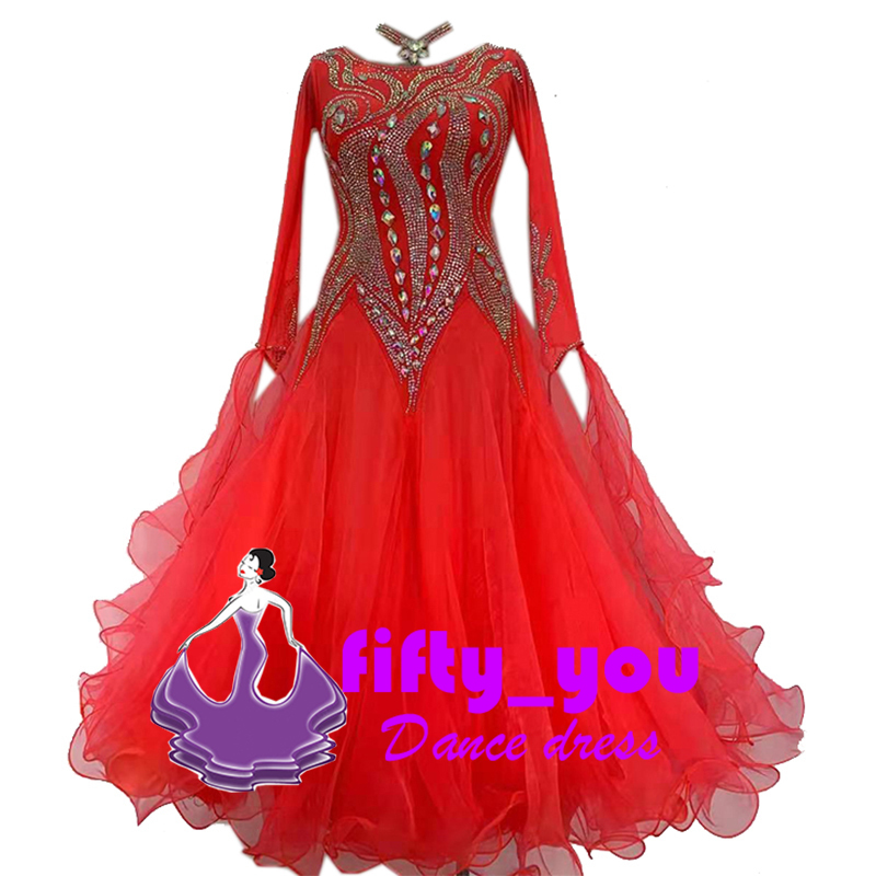 新品fifty_you セミオーダードレス レディース社交ダンス衣装 サイズオーダー 競技発表用ダンスドレス 素敵良品 ライトストーン飾り 赤色