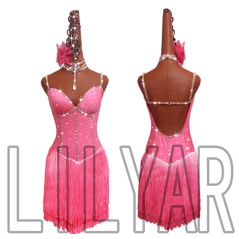 新品　レディース社交ダンス衣装　ラテンドレス　サイズオーダー対応　お得のセット品　ライトストーン飾り　ピンク
