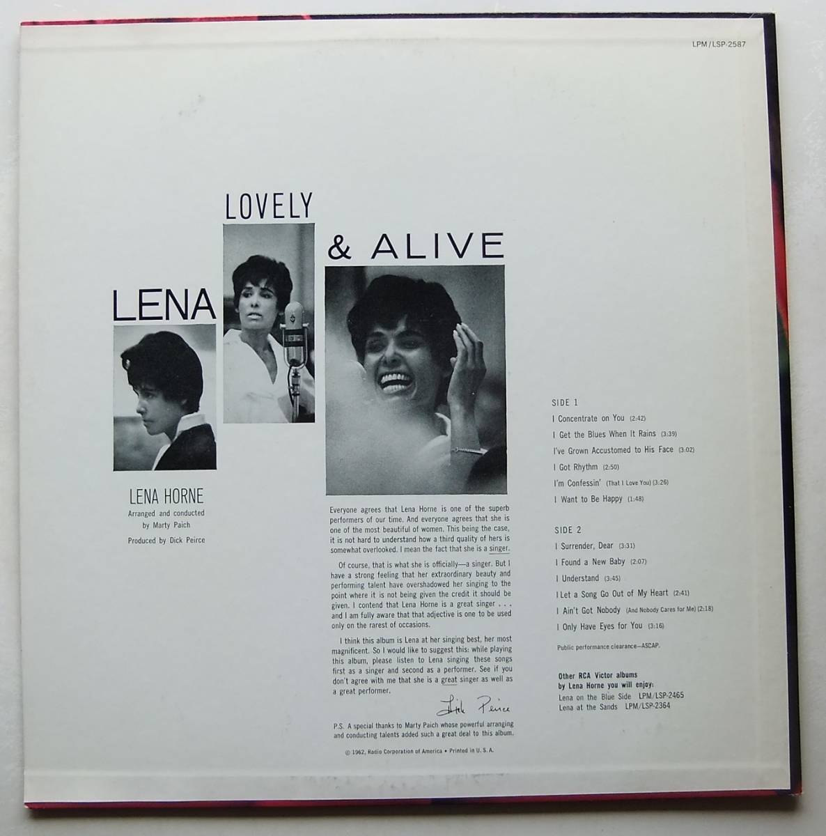 ◆ LENA HORNE / Lena Lovely and Alive ◆ RCA LSP-2587 (dog:dg) ◆_画像2