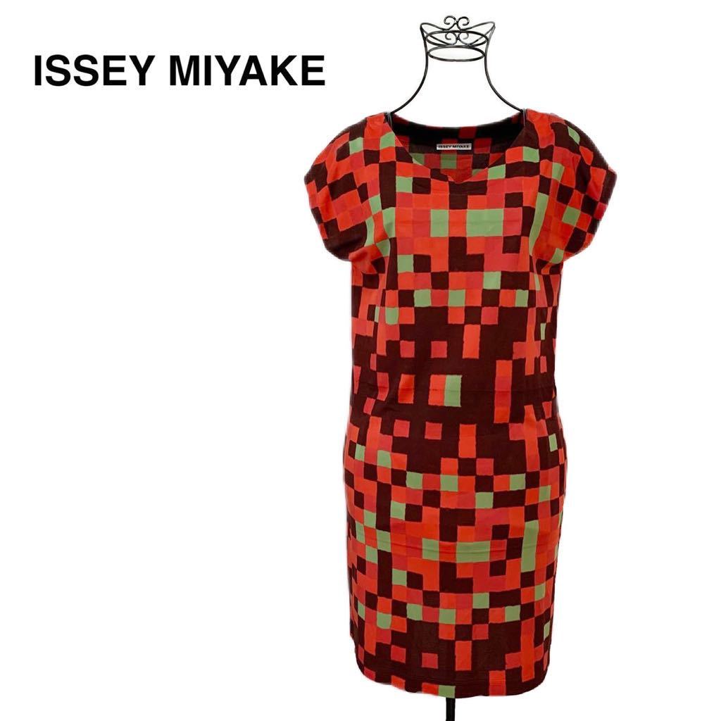 ☆良品 イッセイミヤケ ISSEY MIYAKE フレンチスリーブ ブロックチェック 半袖 ワンピース ドレス size 2 プリーツプリーズ PLEATS PLEASE_画像1