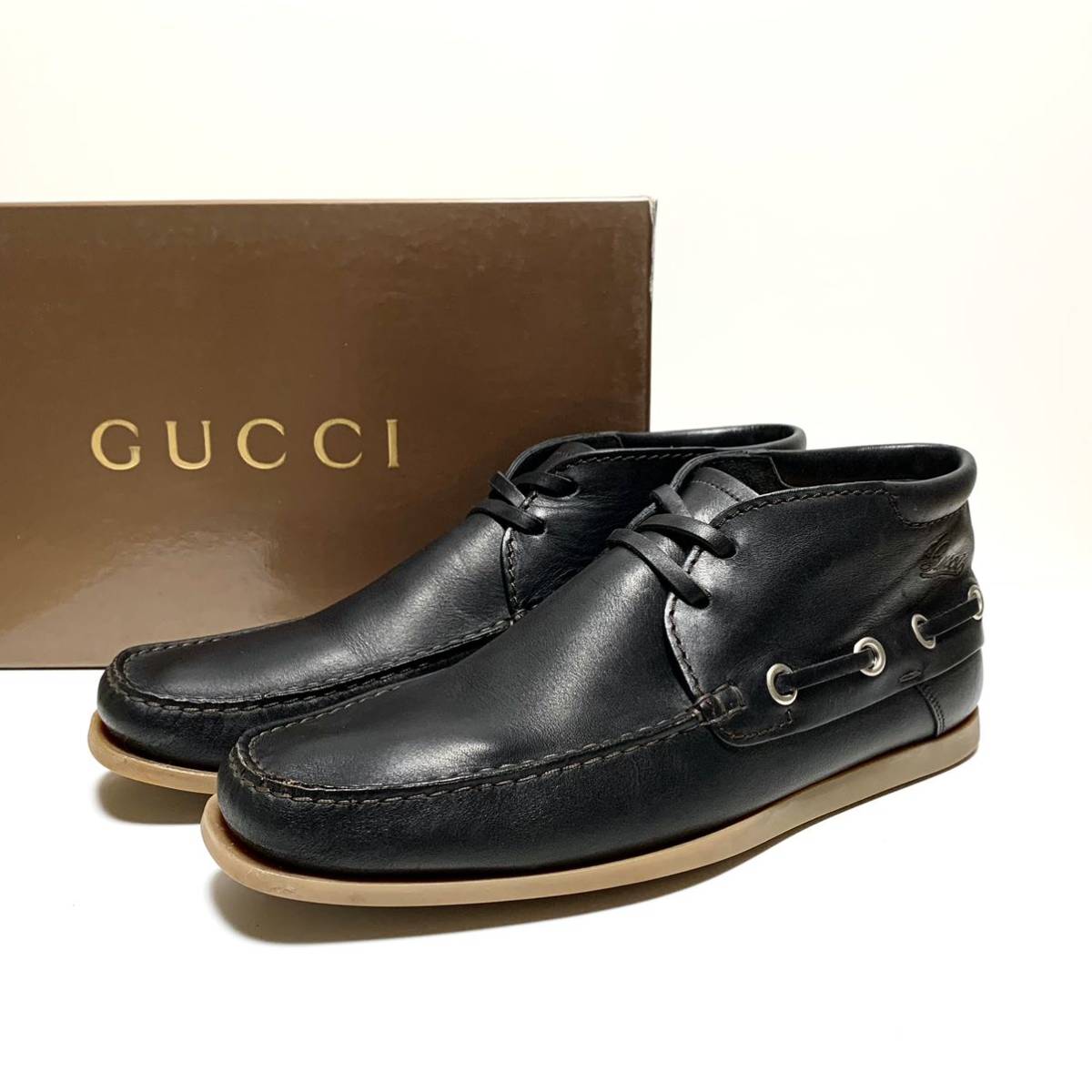 良品 グッチ GUCCI デッキソール レザー チャッカブーツ 黒 size 42 5