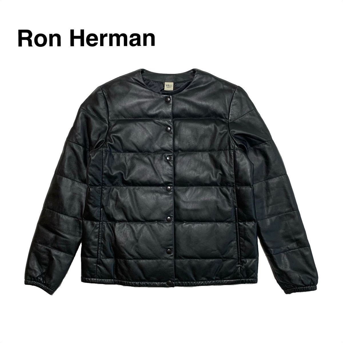 ☆良品 ロンハーマン Ron Herman スナップボタン 中綿 ノーカラー レザー ブルゾン ジャケット 黒 size XS ライダース ダウンジャケット