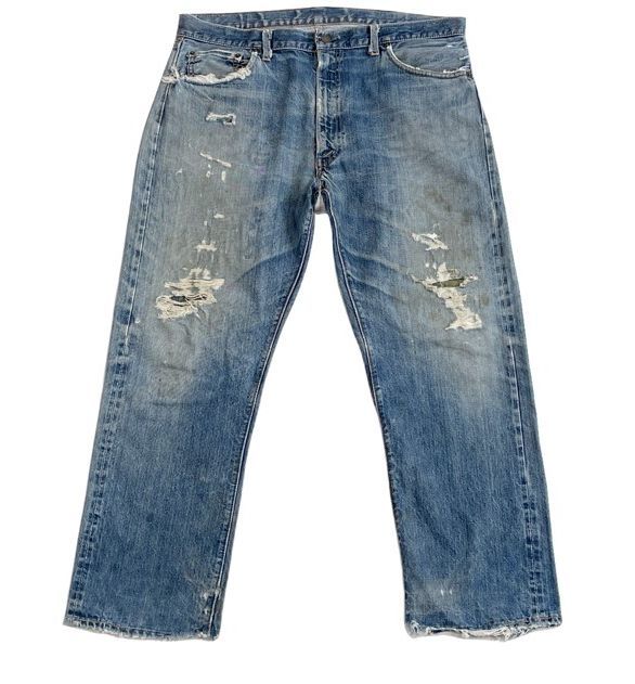 60's 70's 米国製 リーバイス LEVI'S 505 ビッグE 赤耳 裾チェーン ダメージ クラッシュ 実寸W96 L75cm [ta-0810]_画像1