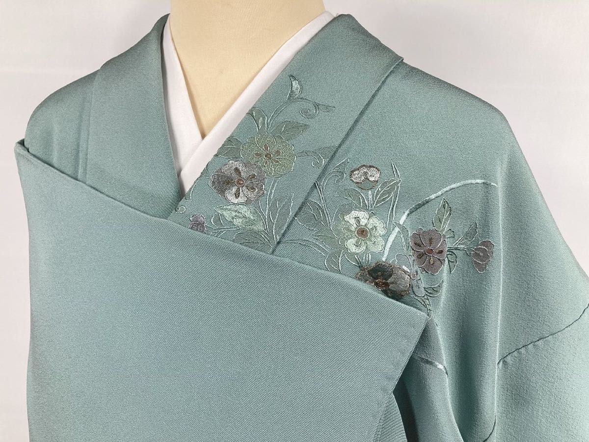 汕頭 蘇州刺繍 総刺繍 金糸 訪問着 正絹 花柄 熨斗 山藍摺 青緑 1086