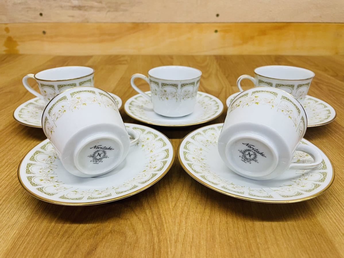 旧家蔵出 Noritake カップ&ソーサー ノリタケ デミタス コーヒーカップ 薔薇模様 洋食器 5客 中古品