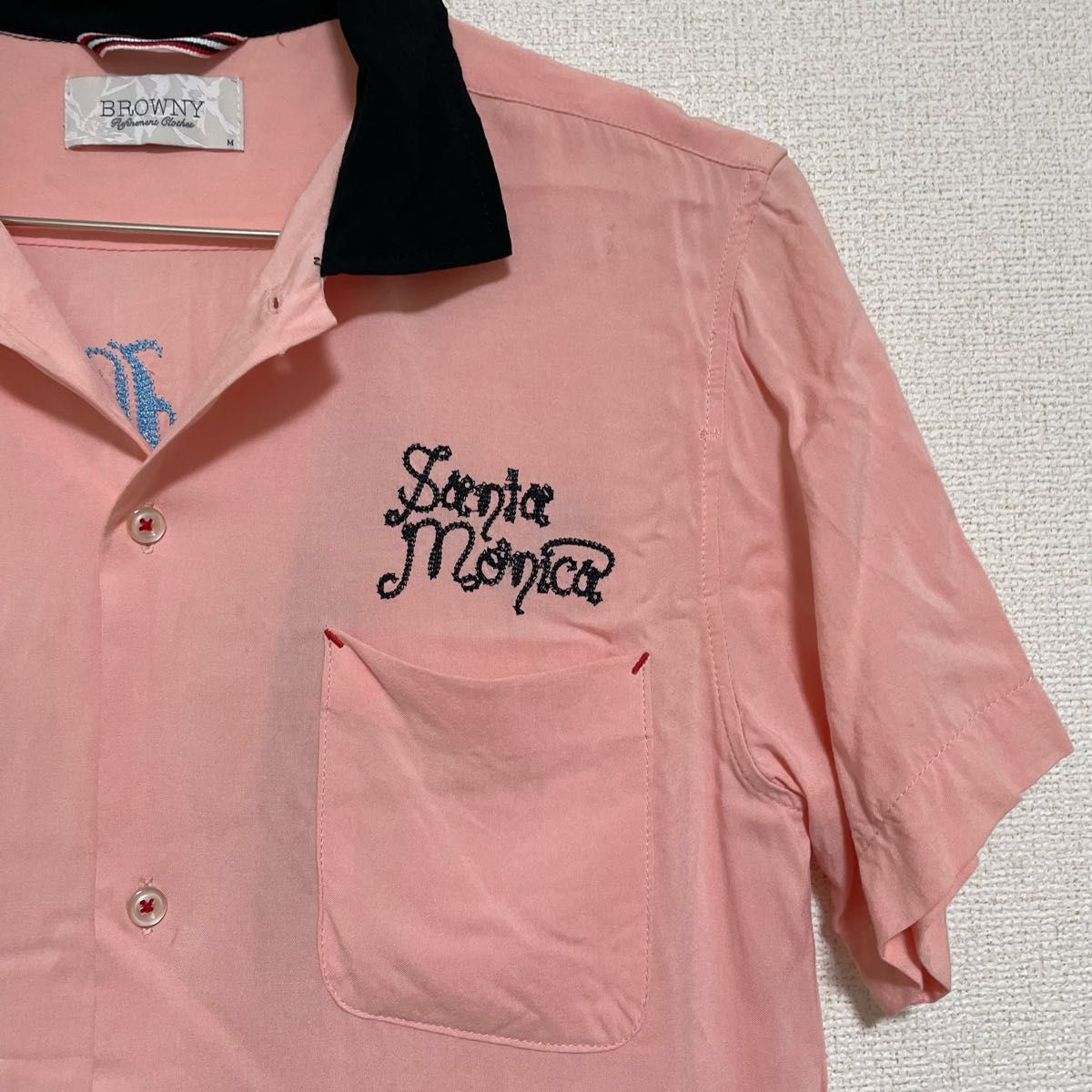 ボーリングシャツ 開襟シャツ ロカビリーシャツ 50s 全刺繍 ピンク＆ブラック 半袖シャツ