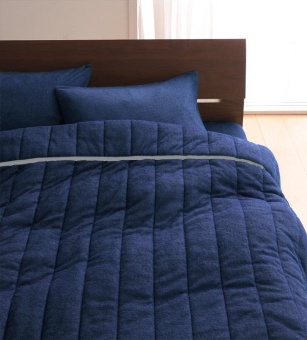 タオル地 タオルケット と ベッド用ボックスシーツ のセット ダブルサイズ 色-ミッドナイトブルー/綿100%パイル 洗える