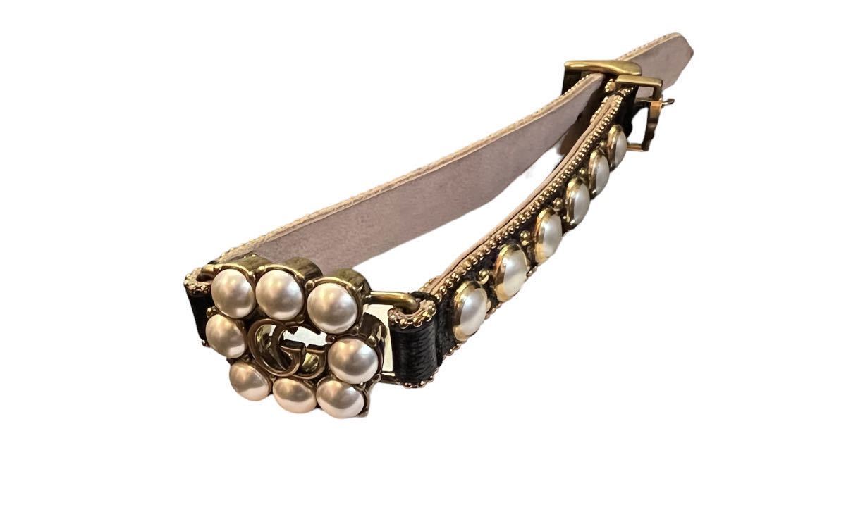 Новый неиспользованный предмет ◎ Итальянский Gucci Gucci Ladies Double G Fake Pearl Belt Bracelet Style Black x золото