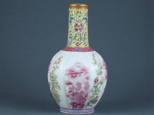 5%OFF】 清代雍正年製陶磁器瑪瑙紅山水琺瑯彩花卉紋胆瓶【仁】染付