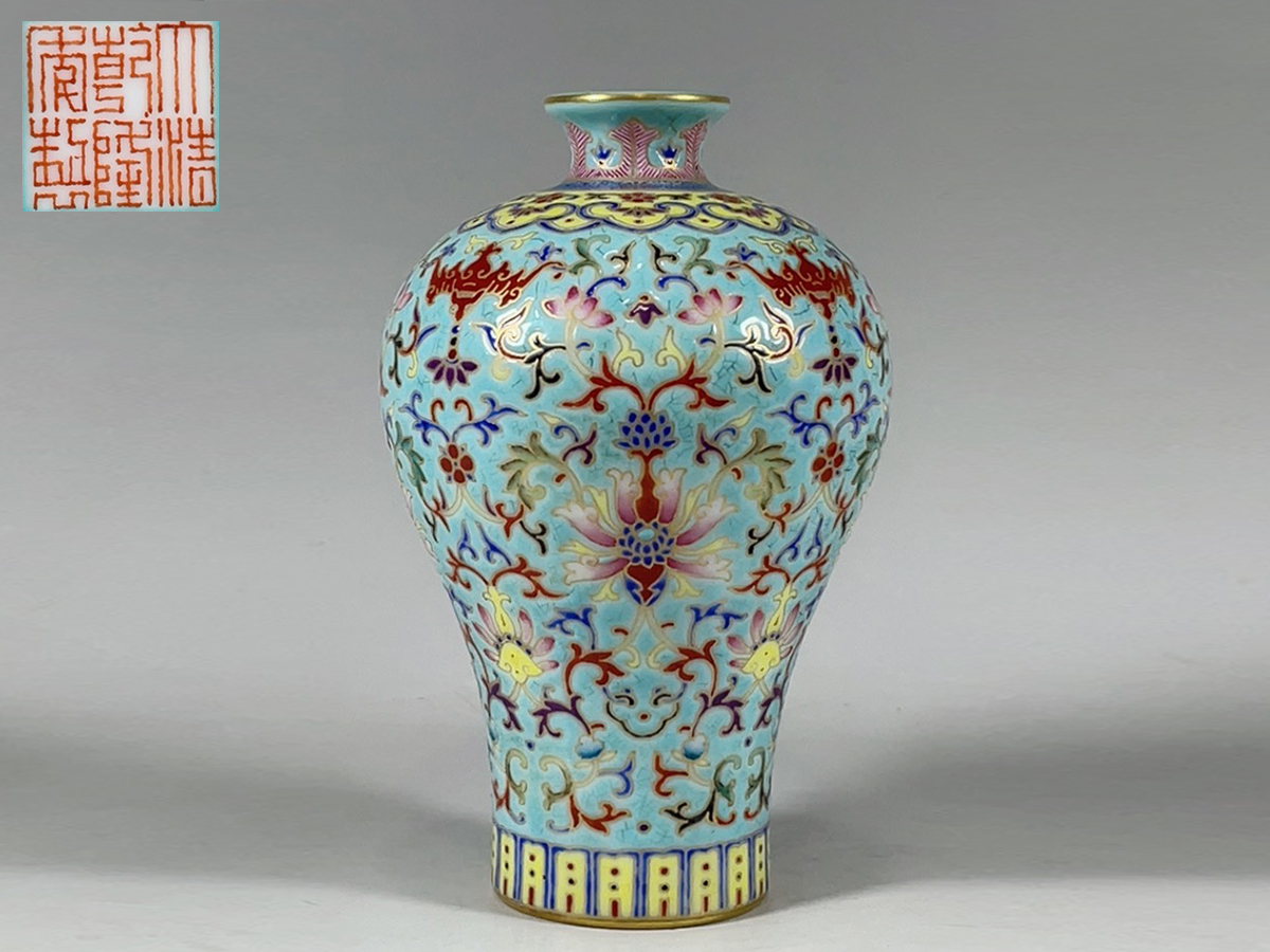 新作モデル琺瑯彩纏枝花卉紋梅瓶陶磁器▽鴻▽清朝時代乾隆年製骨董品