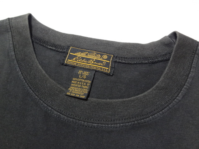 80s～90s 黒タグ後期 USAアメリカ製 Eddie Bauerエディー・バウアー ポケット付き半袖Tシャツ 無地 黒ブラック Lサイズ 古着 ヴィンテージ