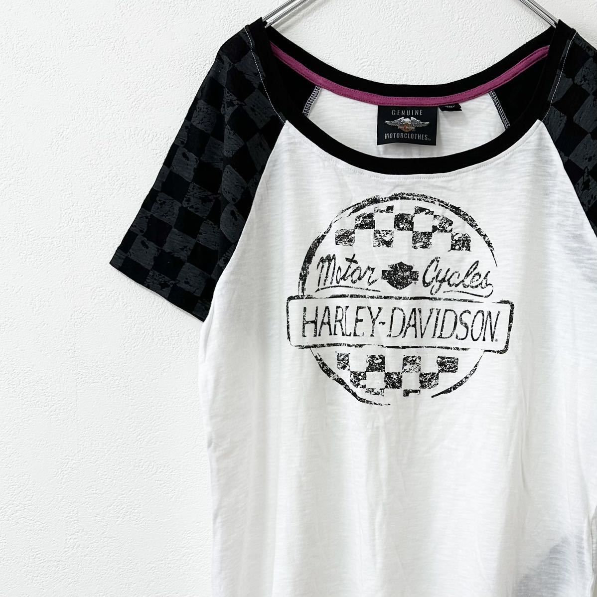 HARLEY-DAVIDSON/ハーレーダビッドソン★半袖Tシャツ★ラグラン★チェッカーフラッグ★ホワイト×ブラック/白黒★M_画像2