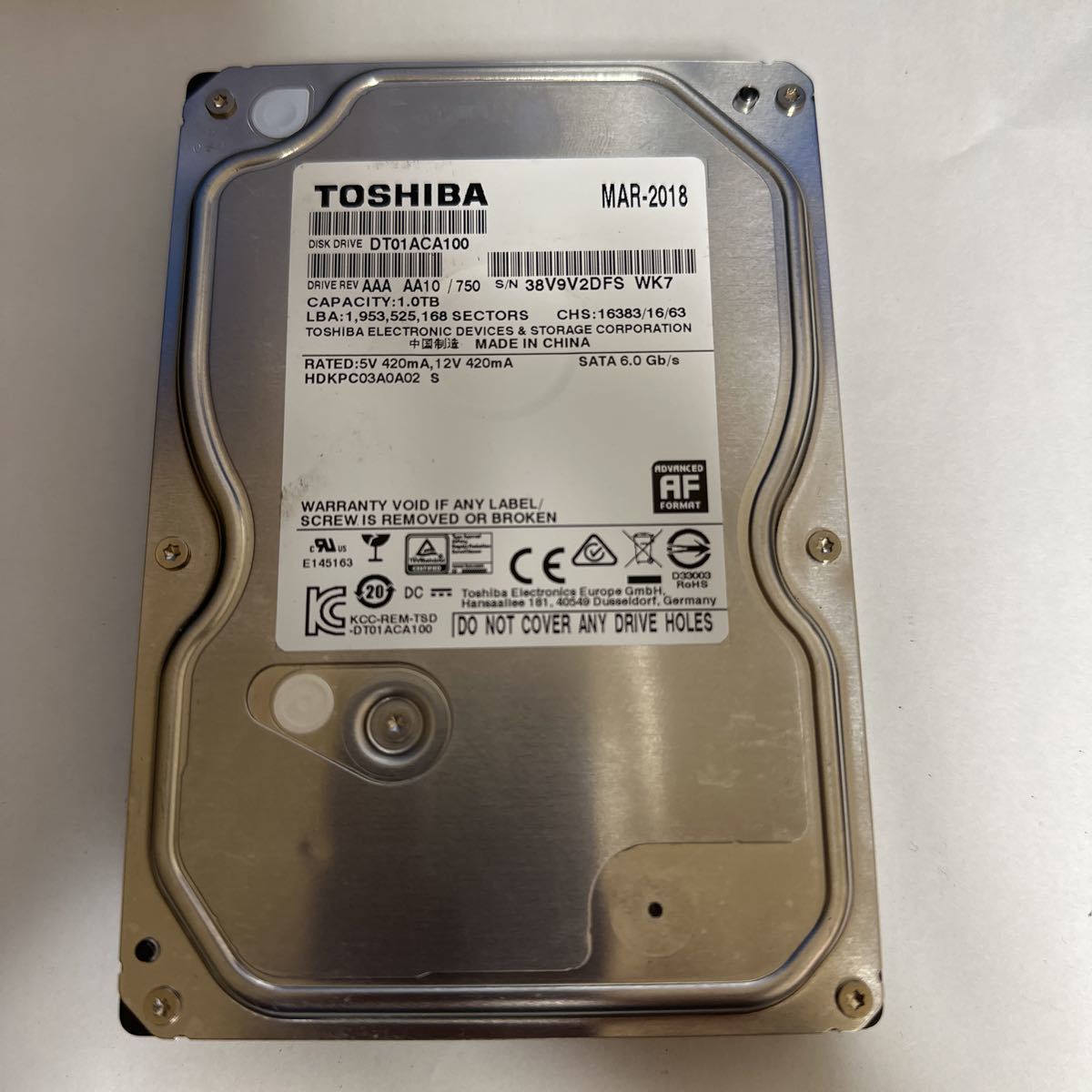 H238:（動作保証/AVコマンド対応/使用0時間）SATA 3.5インチHDD 1TB TOSHIBA DT01ACA100_画像1