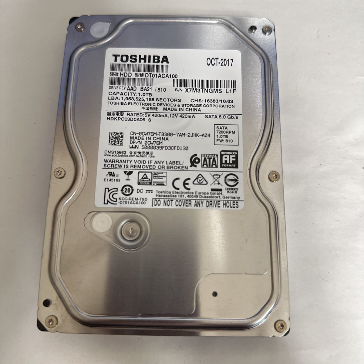 H285:（動作保証/AVコマンド対応/使用0時間）SATA 3.5インチHDD 1TB TOSHIBA DT01ACA100_画像1