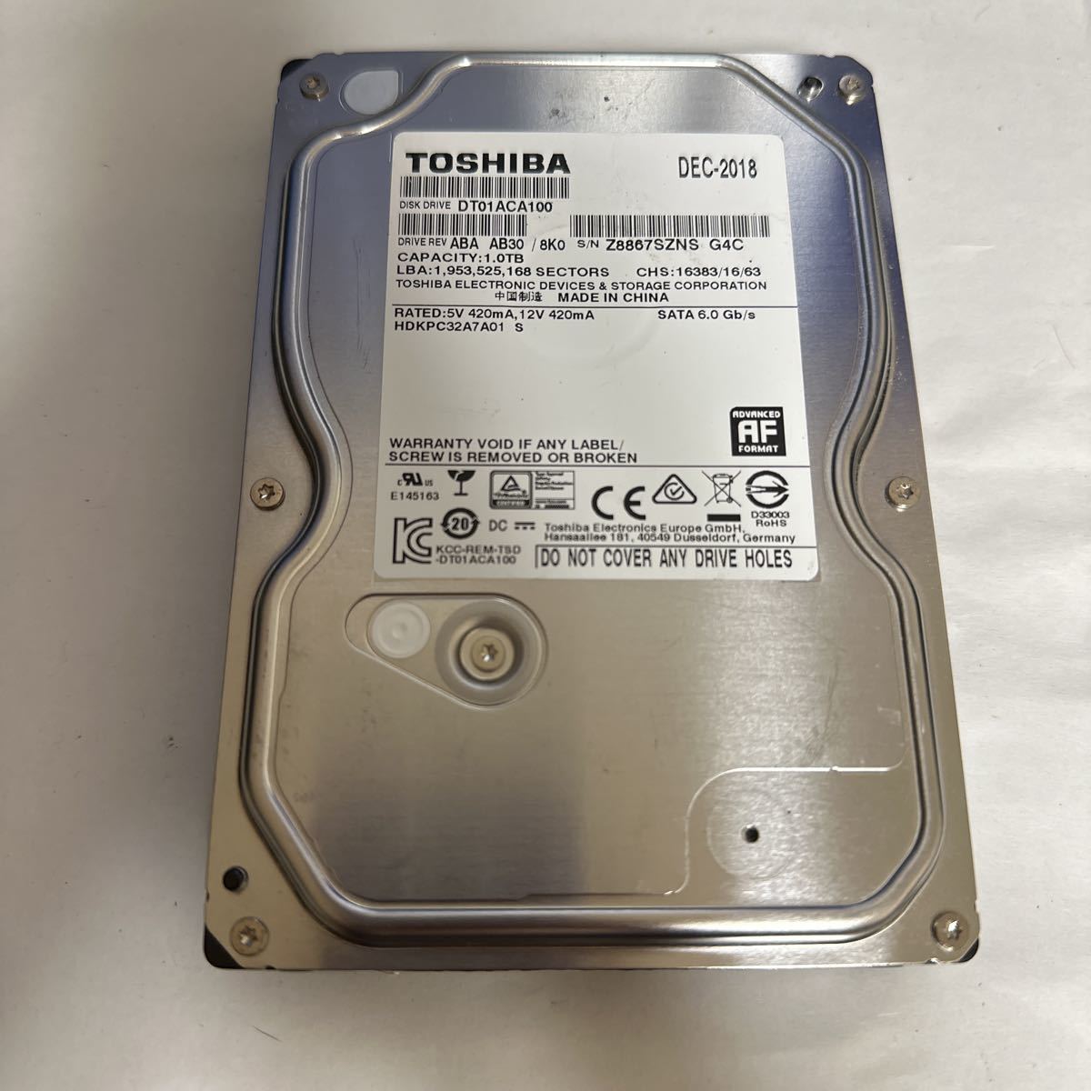 H322:（動作保証/AVコマンド対応/使用0時間）SATA 3.5インチHDD 1TB TOSHIBA DT01ACA100_画像1