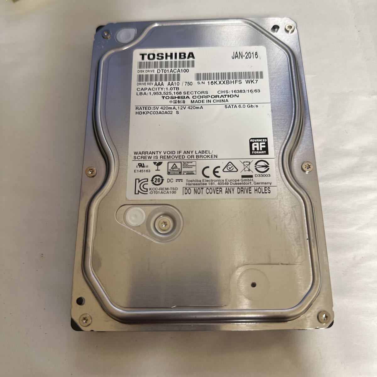 H413:（動作保証/AVコマンド対応/使用0時間）SATA 3.5インチHDD 1TB TOSHIBA DT01ACA100_画像1