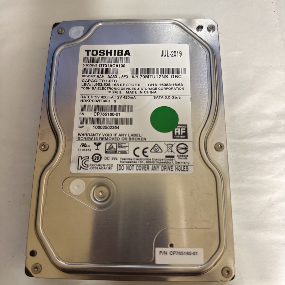 H415:（動作保証/AVコマンド対応/使用0時間）SATA 3.5インチHDD 1TB TOSHIBA DT01ACA100_画像1