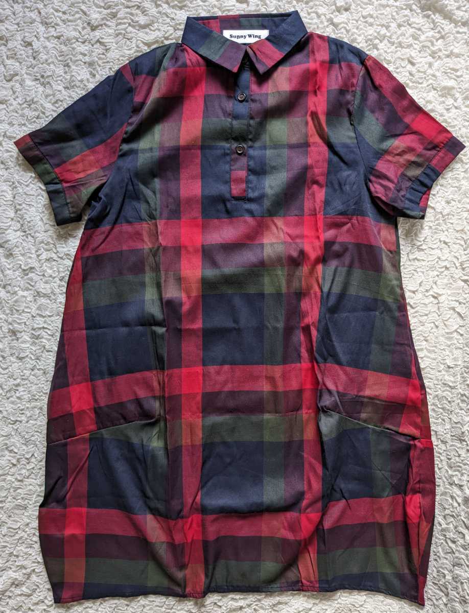 Sunny Wing●シャツ ワンピース 夏 チュニック 半袖 XL 赤系●未使用_画像1