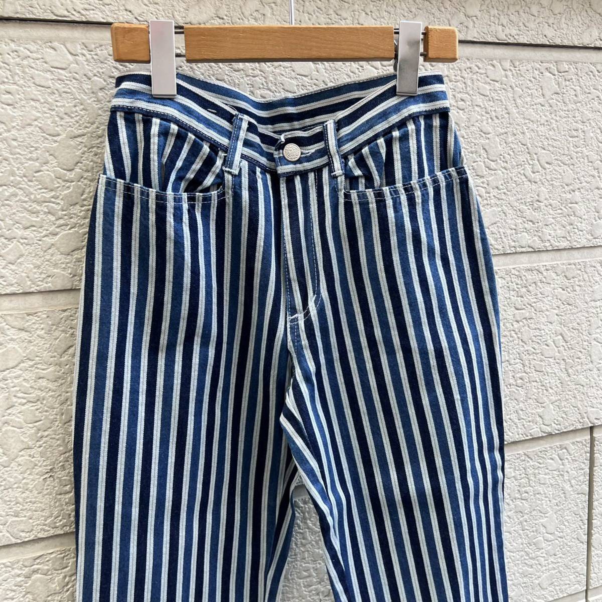 80s 90s USA製 ストライプ柄 コットンパンツ ブーツカット yag ストレッチ 細身 アメリカ製 古着 vintage ヴィンテージ Sサイズ レディース_画像3