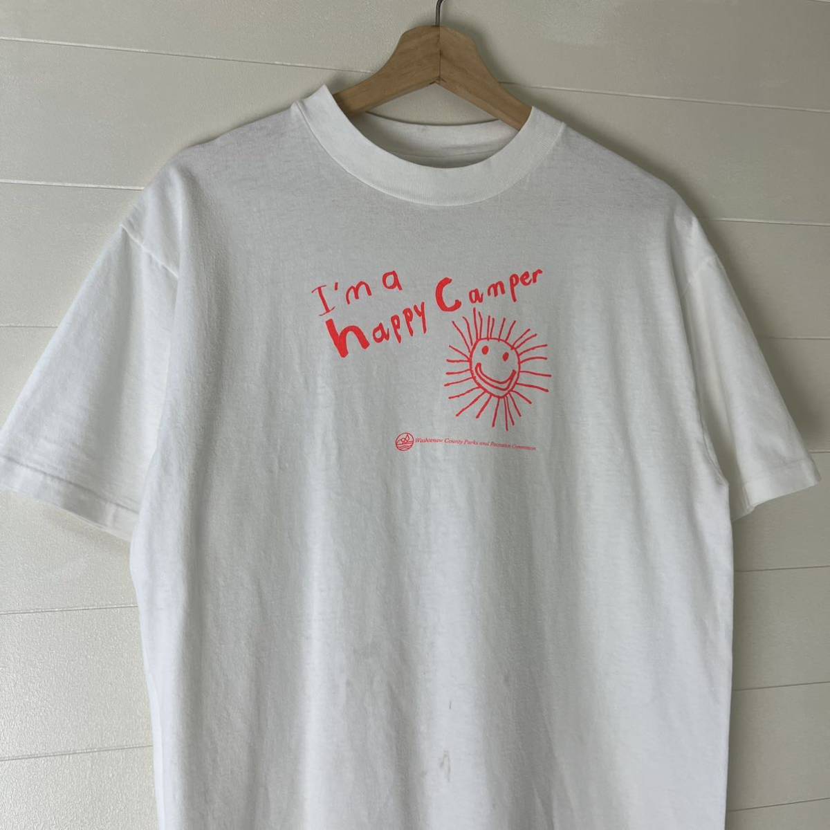 80s 90s USA製 白 プリントTシャツ 半袖Tシャツ Hanes ヘインズ キャンプ 太陽 アメリカ製 古着 vintage ヴィンテージ Lサイズ ハッピー_画像4