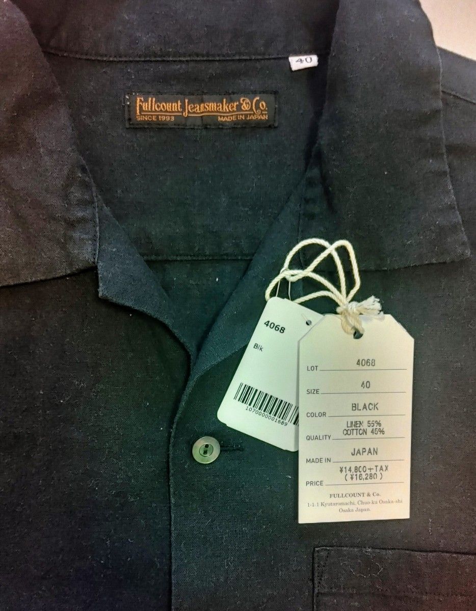 サイズ40 L FULLCOUNT フルカウント オープンカラー 半袖シャツ リネン コットン ブラック