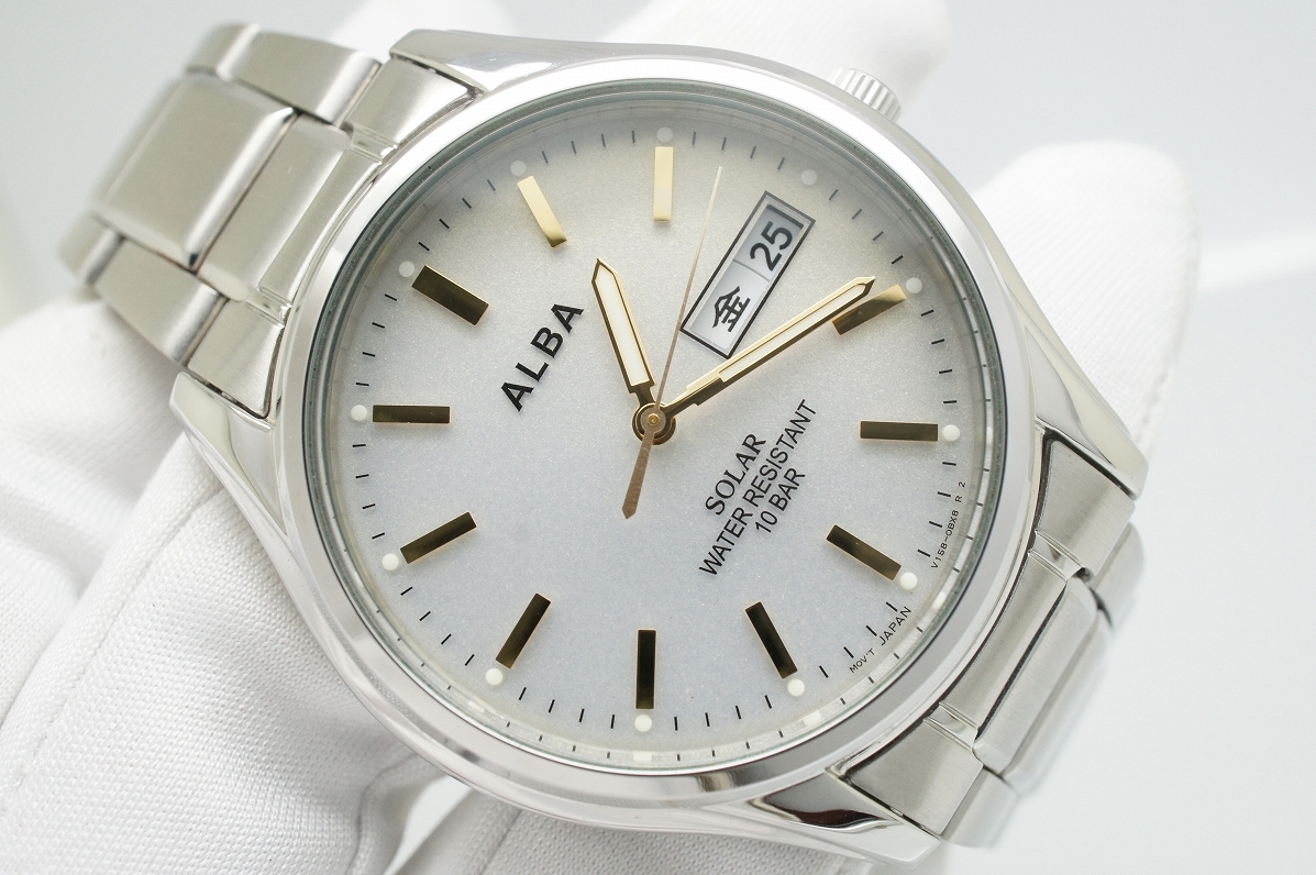 H148●作動良好 美品 SEIKO セイコー ALBA アルバ SOLAR ソーラー V158-0AX0 デイデイト メンズレディース腕時計 シルバー お洒落 クォーツ_画像1