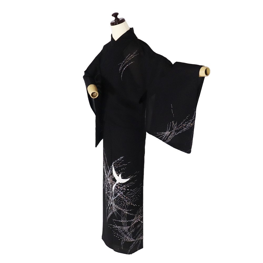 絽訪問着正絹黒尾長鳥Lサイズki26775 未使用品夏着物盛夏レディース