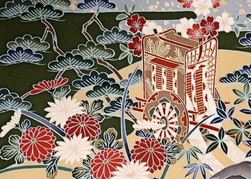ヤフオク! 振袖 正絹 緑 御所車 オシドリ 桜 菊 牡丹 松竹梅 菖