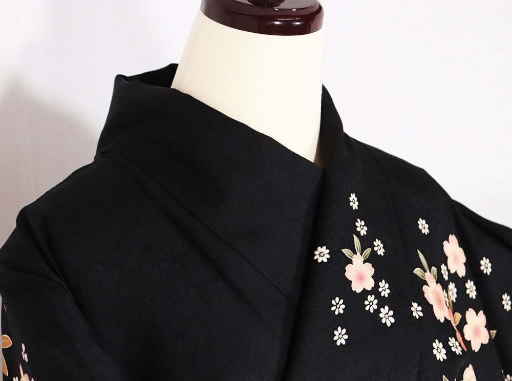 振袖正絹黒ピンク桜菊Mサイズki20512 美品着物レディースシルク成人式