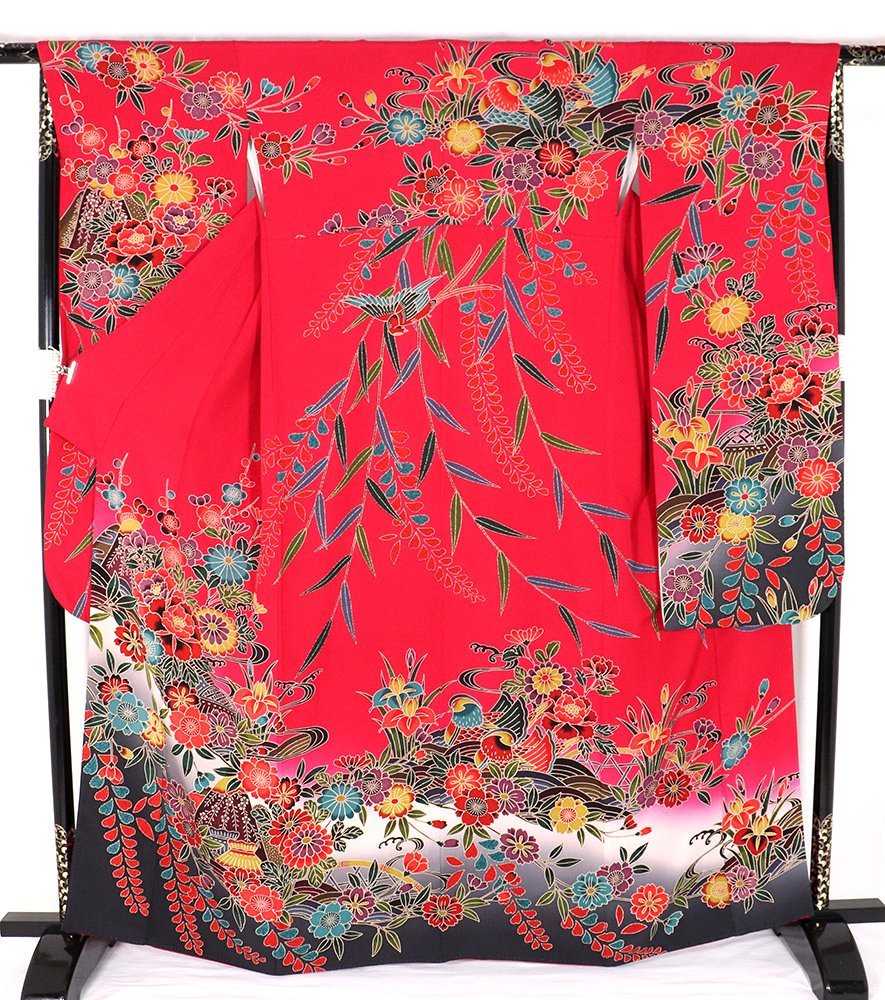 振袖 正絹 紅型 赤 紫 墨黒 オシドリ 牡丹 桜 松竹梅 トールサイズ ki28270 美品 レディース シルク 成人式 10代 20代 送料込みの画像4