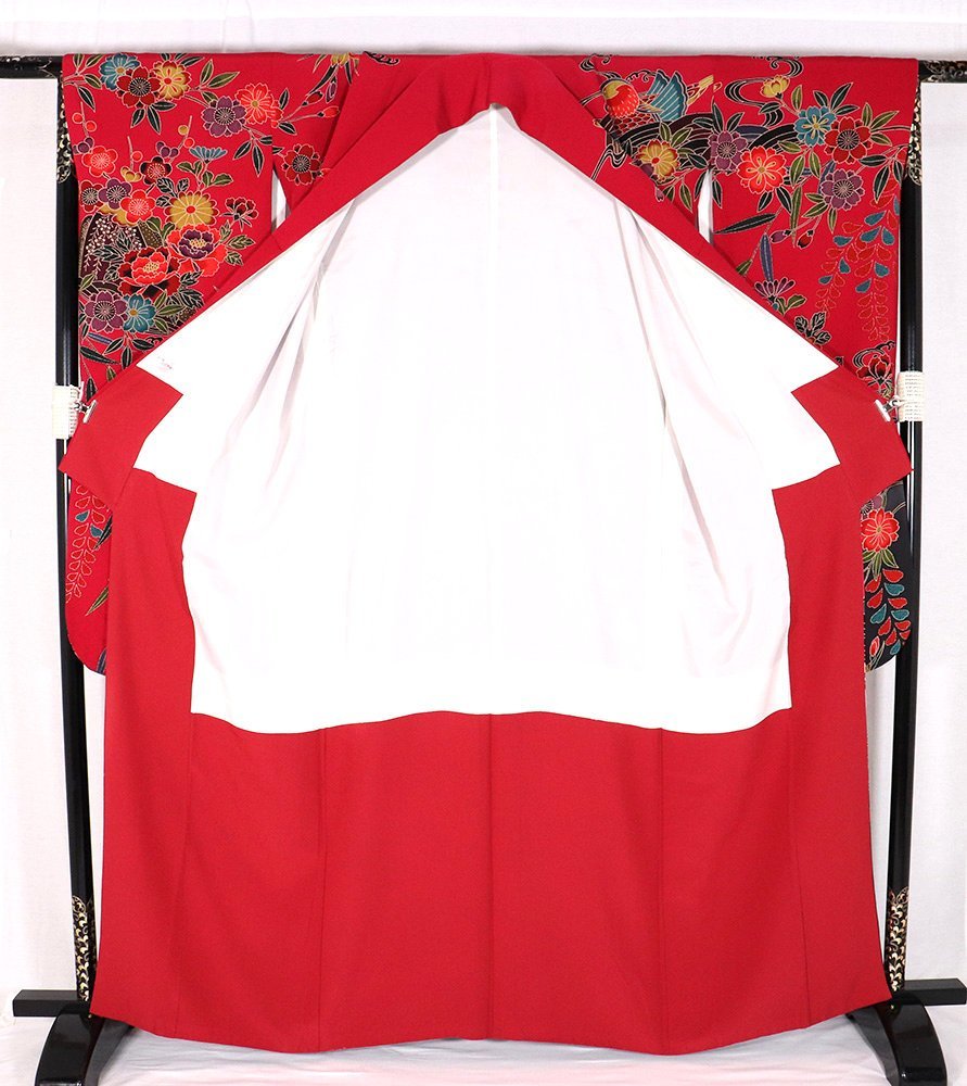 振袖 正絹 紅型 赤 紫 墨黒 オシドリ 牡丹 桜 松竹梅 トールサイズ ki28270 美品 レディース シルク 成人式 10代 20代 送料込みの画像10